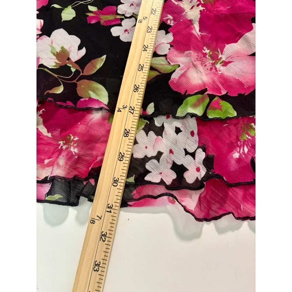 Black Floral Midi Skirt Women's Sz PM Flowy Ruffle Hem Boho Cottage Prairie - Picture 12 of 14